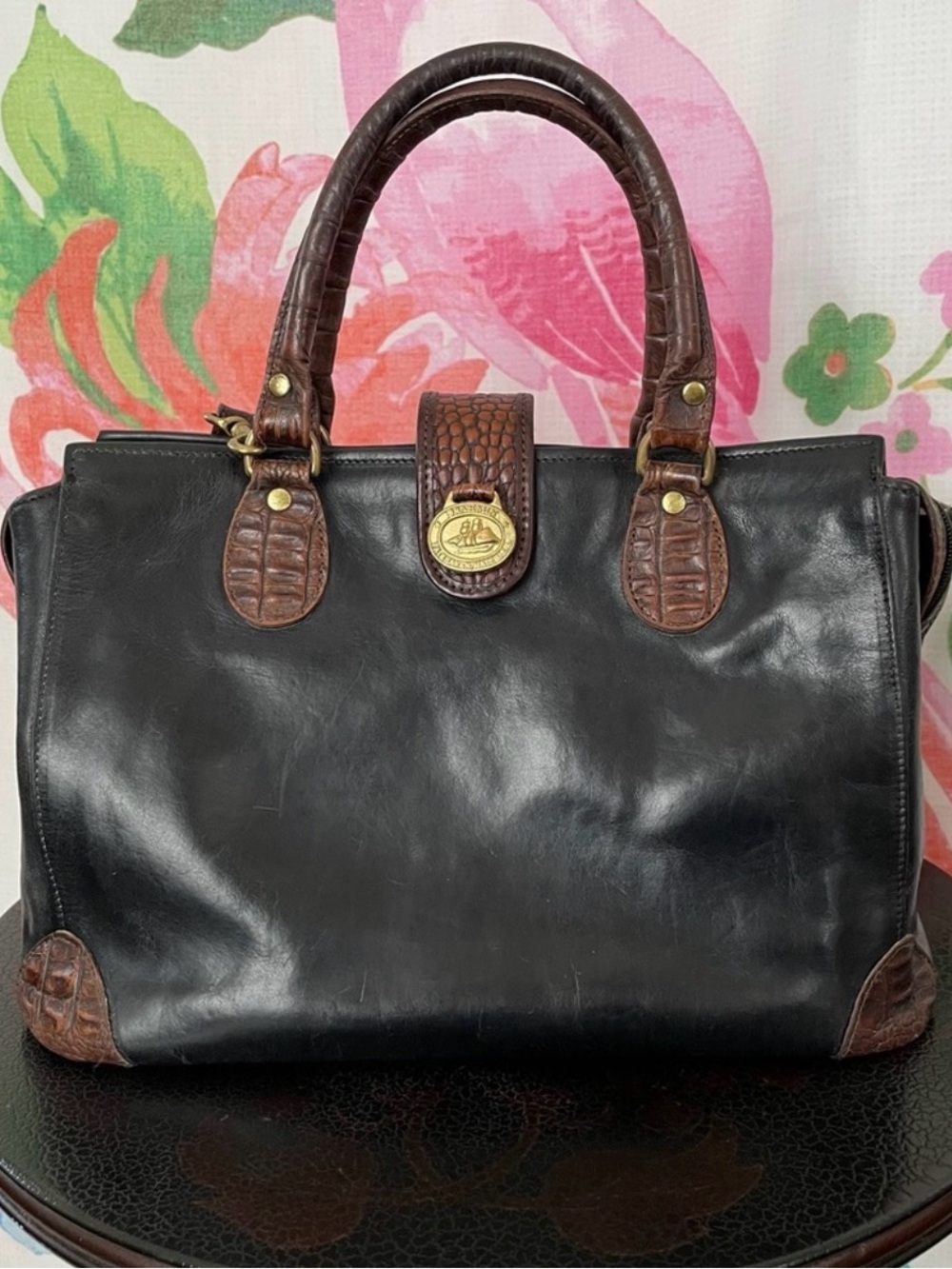 Vintage Brahmin Black Leather Satchel Brown Croc style Trim Goldtone hardware